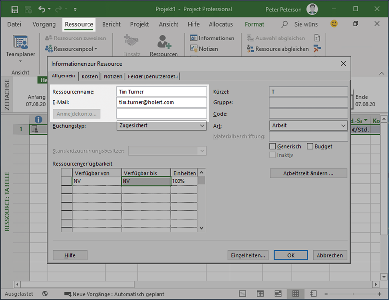 enter-email-address-of-ressource-in-micosoft-project
