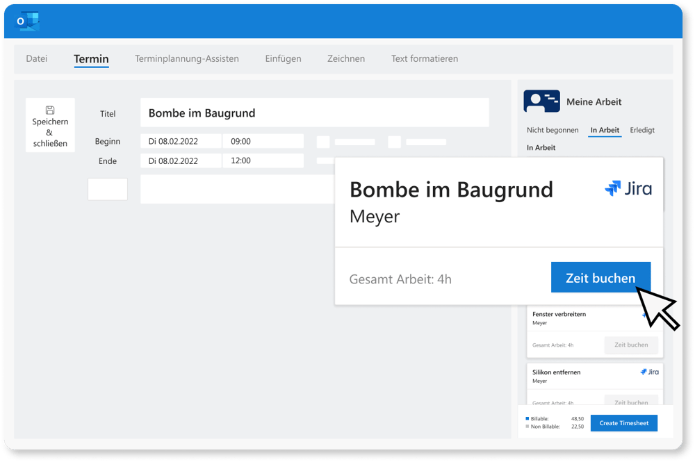 Jira work items shown in the Outlook calendar with Allocatus